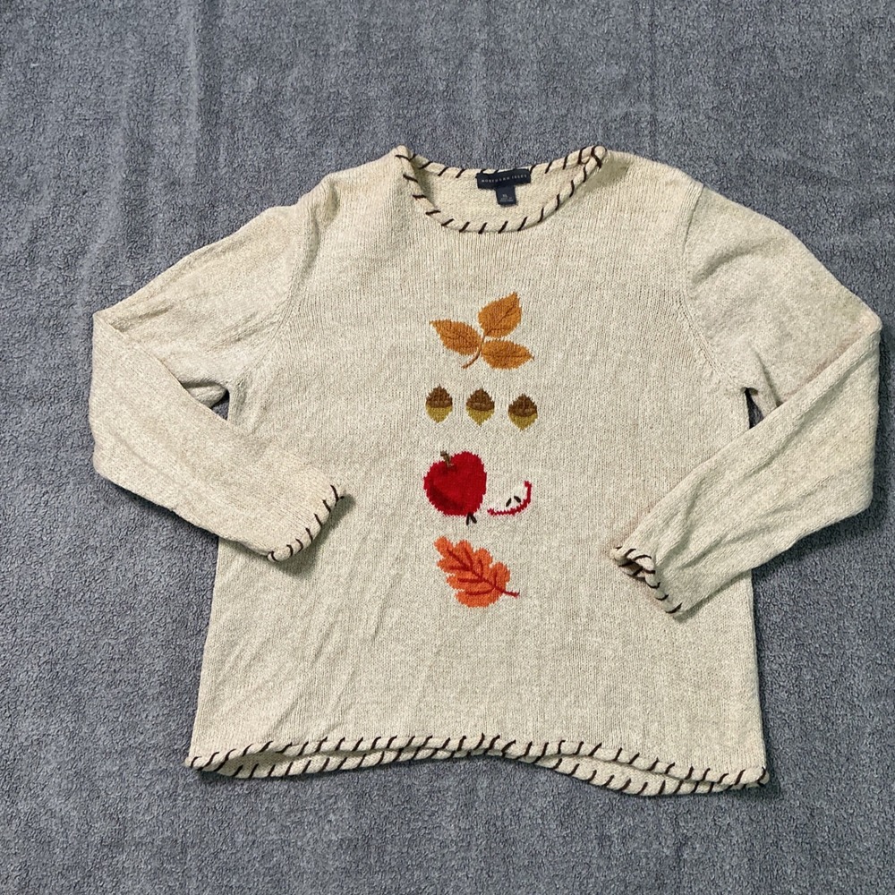 Northern Isles Womens XL Oatmeal Knit Sweater Fall Leaves Apple Acorn Embroidery